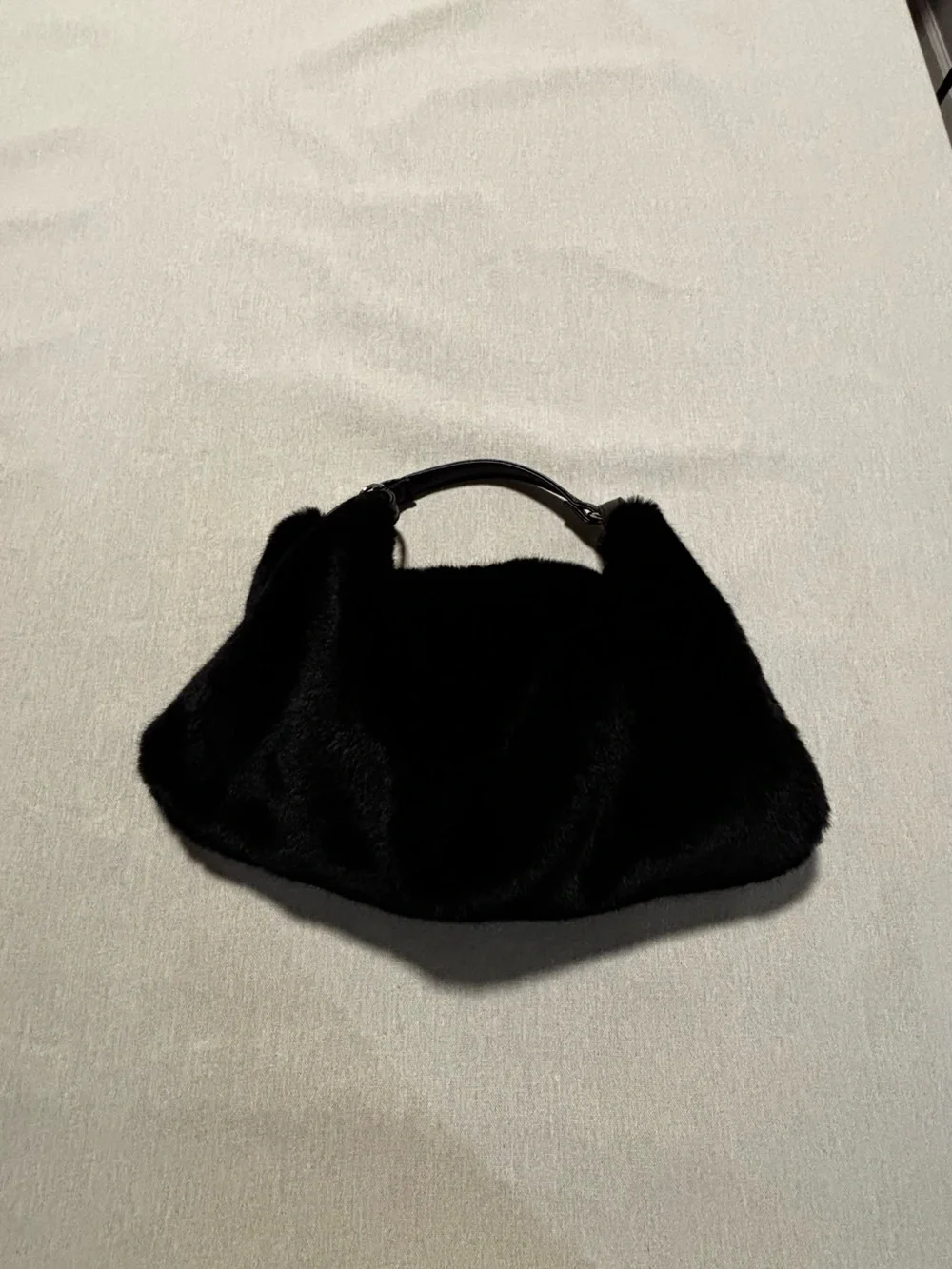 Unbranded. Black Faux Rabbit Convertible Shoulder Bag with Suede Lining